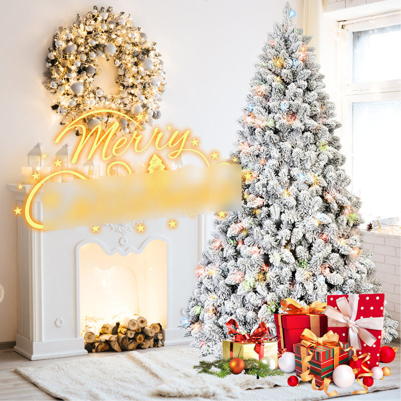 Arbre de Noël 5 pi avec 300 lumières multicolores Ul, 27 pins, 600 pointes enneigées, branches articulées pour une installation sans effort, et présentoir en métal pour l'hiver, branches faciles à installer, décor festif