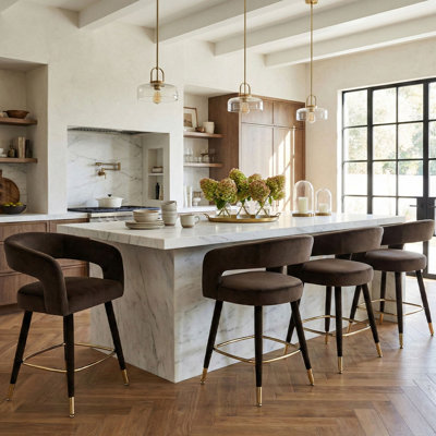 Velvet Upholstered Counter Height Bar Stools With Gold Footrest, 24" Kitchen Island Counter Stool
