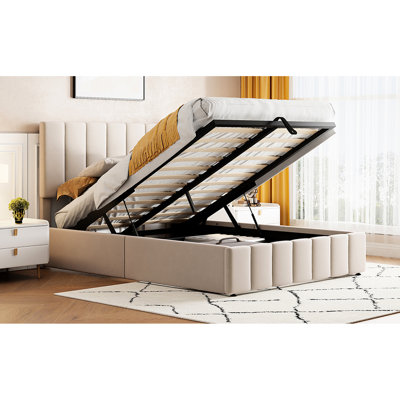 Beige Hydraulic Storage Bed For A Cozy Bedroom Upholstered Platform In With Ample Solution