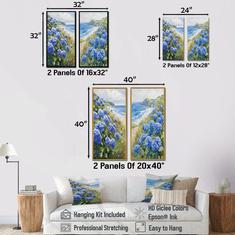 Hortensias dans un jardin en bord de mer I - Collection de 2 panneaux de toiles florales, Cadre crème crème