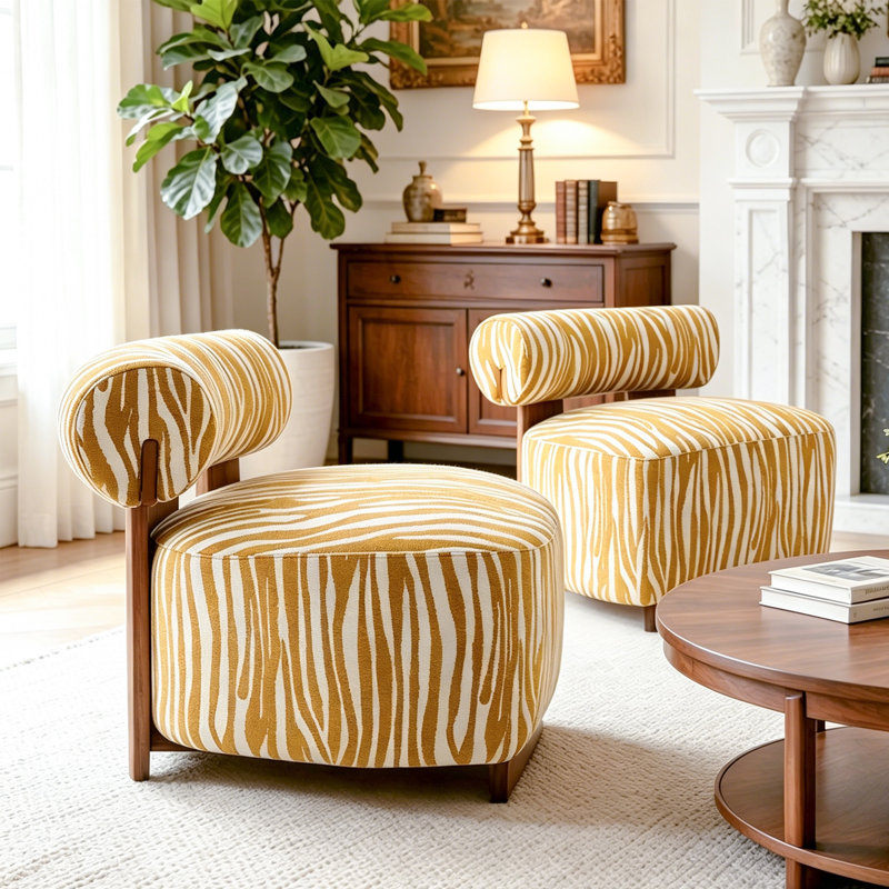 2-Pieces Zebra Strips Accent Chair With Cylindrical Back Chenille Upholstered Cozy Chair With Wood Frame Cute Chair For Living Room, Bedroom