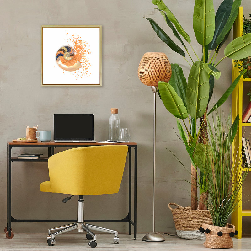Cadre flottant en spirale orange Nautilus, design par Beth Adoette, Cadre flottant métallique doré, H 18 po x l 18 po
