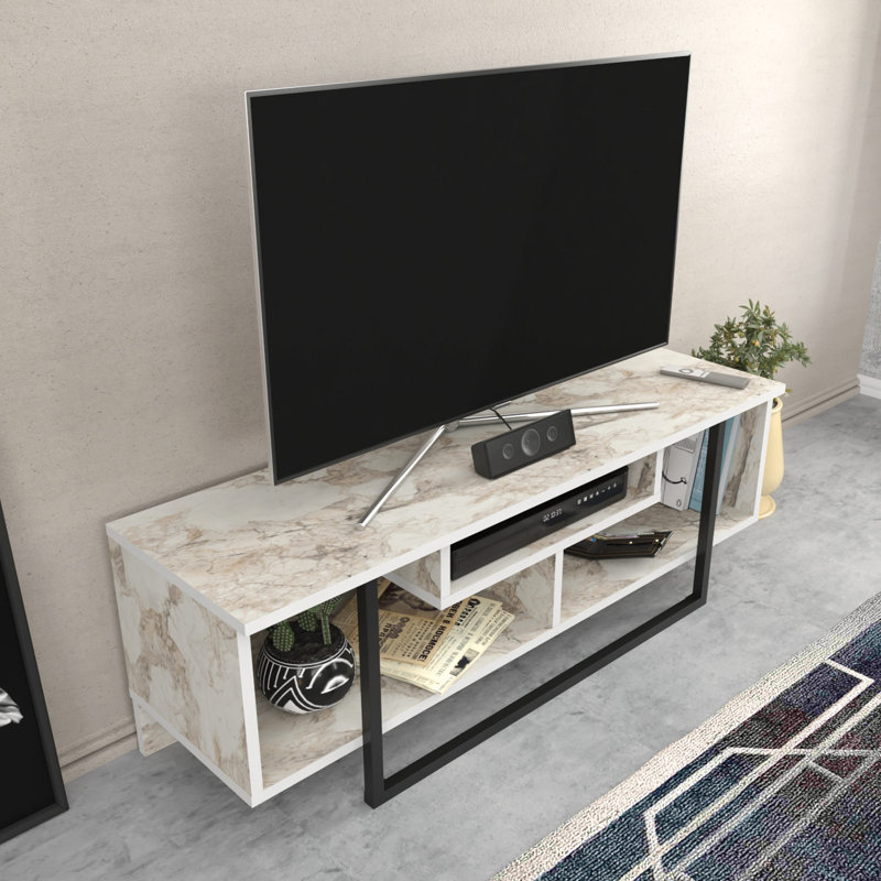 Meuble télé moderne avec design en marbre, 47,2 po x 13,9 po x 15,8 po | 100% panneau de particules enduit de mélamine, épaisseur: 0,7 pouce | Finition blanche et noire élégante, idéale pour le salon et le centre de divertissement, durable et élégante