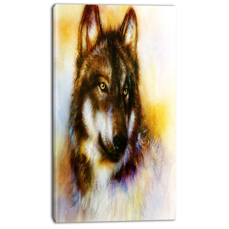 « brown loup illustration », peinture en brun/jaune, H 40 po x l 20 po x P 1 po, Toile tendue