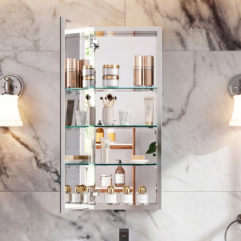 Armoire à pharmacie sans cadre avec miroir sans cuivre l 12 po x H 30 po | Miroir en verre antidéflagrant | Tablette réglable en verre | L'installation encastrée et l'installation en surface sont toutes deux disponibles | Porte à fermeture douce