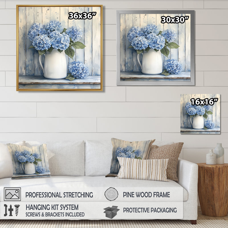 Minimalisme, hortensias dans un pot à lait II - hydrangées, art mural, Impression encadrée flottante, Crème, crème