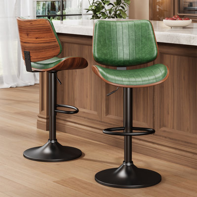 Ensemble de 2 tabourets de bar pivotants à hauteur réglable, dossier en bois cintré, siège en similicuir et repose-pieds - Chaises modernes à hauteur de comptoir pour îlot de cuisine, salle à manger ou bar personnel, confortables et faciles à nettoyer