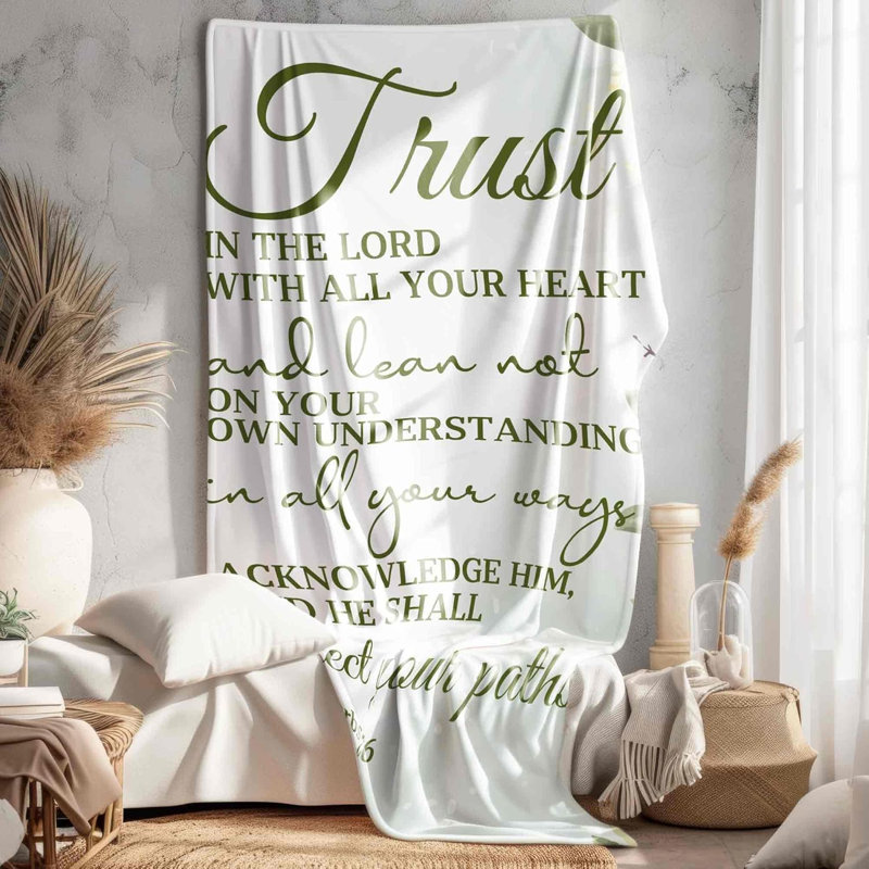 Couverture florale blanche blanche, «Trust in the Lord with All Your Heart», verset de la Bible, L 80 po x l 60 po