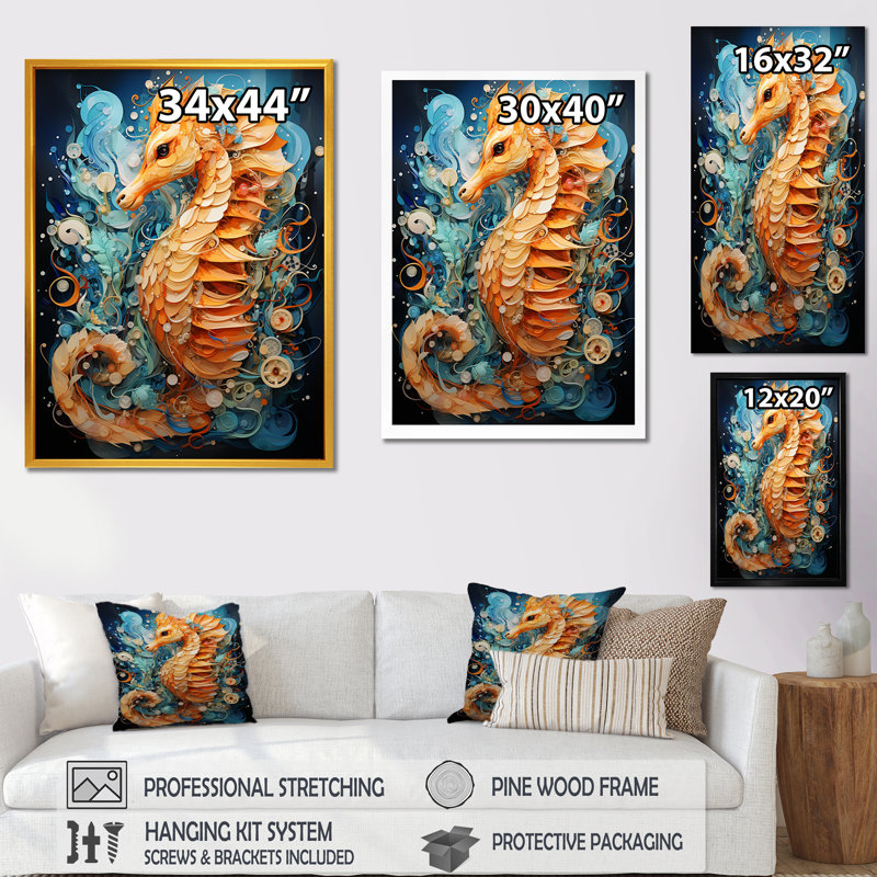 Hippocampe orange et bleu Symphony 1, H 32 po x l 16 po x P 1 po, Cadre flottant doré