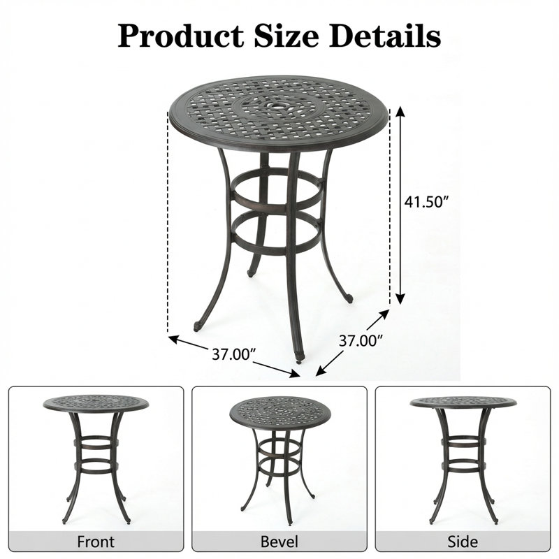 Table de bar traditionnelle en fonte d'aluminium avec plateau en treillis et trou pour parasol