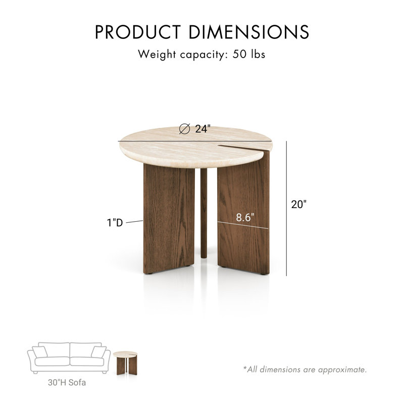 Table de bout ronde en pierre de travertin avec base à trois pieds Garces