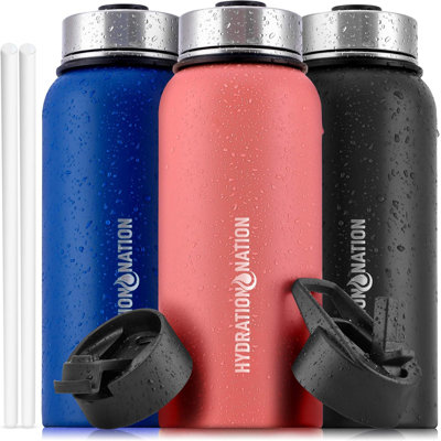 Zulay Kitchen Hydration Nation 3 Lid 40 Ounce Vacuum Insulated Water Bottles With Straw - Metal Water Bottle For Sports & Outdoor - Thermo Stainless Steel Water Bot