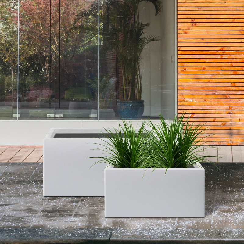 Tali 2 Piece Long Rectangular Lightweight Pure White Concrete Metal Indoor Outdoor Planter Pots, w/ Drainage Hole Set