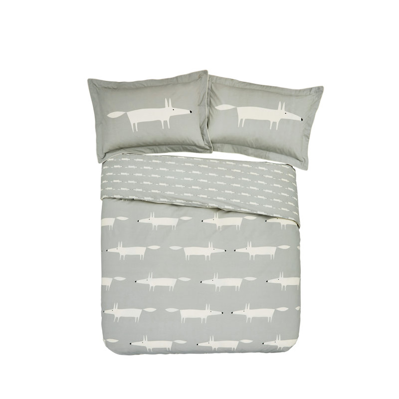 Mr Fox Cotton Animal Print Duvet Cover Set, Silver, Double Duvet Cover + 2 Pillowcases