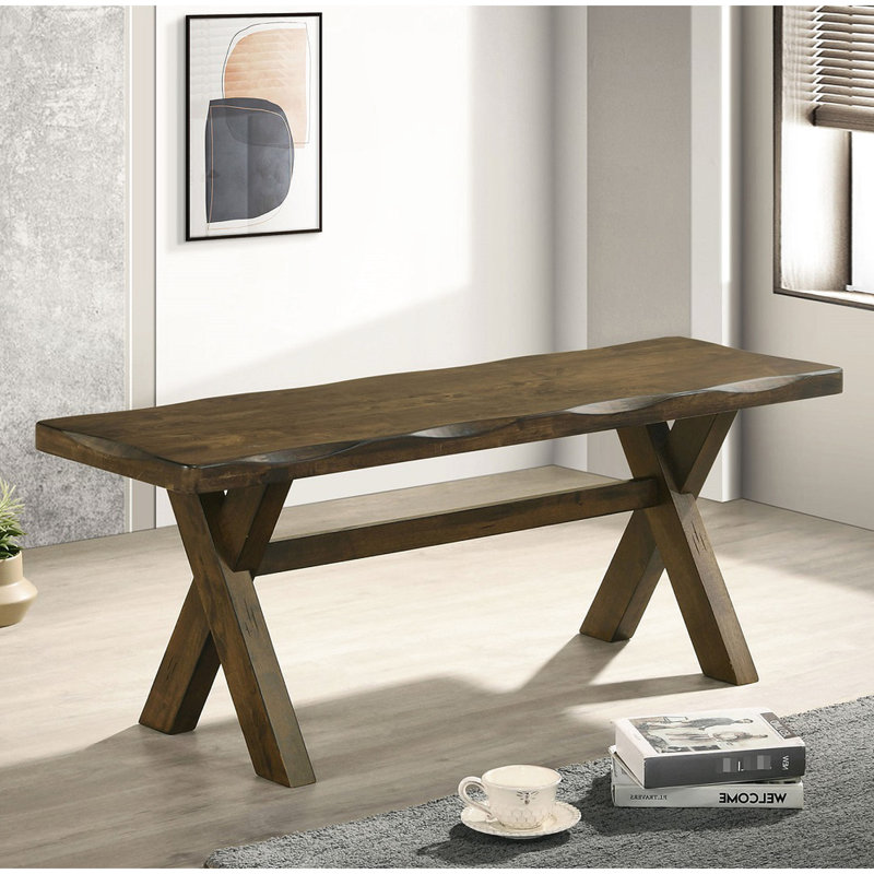 Knotty Nutmeg 47 - Inch Solid Rubberwood Dining Bench, Featuring Smooth Contoured Seat, Worn Edges, And Trestle Base For Versatile Spots Bench Made Of Rubberwood, Traditional Areas