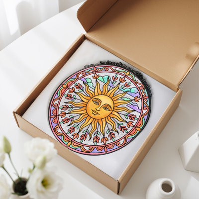 Sun Face Stained Glass Window Panel，12"H