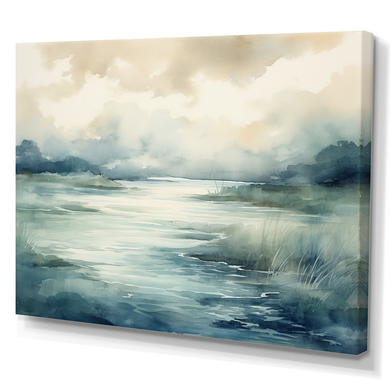 «Misty Lake Serenity», aquarelle rétro sur toile, H 12 po x l 20 po, Toile tendue