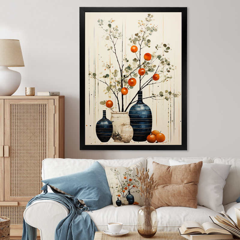 «Yalaina Orange Blue Minimalist Oasis Pottery», reproduction d'art sur toile, Cadre photo noir, H 32 po x l 16 po x P 1 po