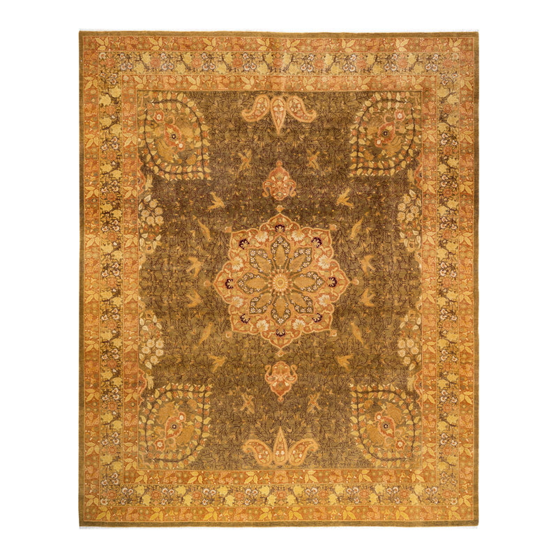 Tapis unique noué à la main Keenan - olive, 8 pi 0 po x 9 pi 11 po