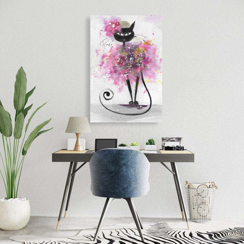 Caricature d'un chat avec des fleurs roses - Illustration sur toile