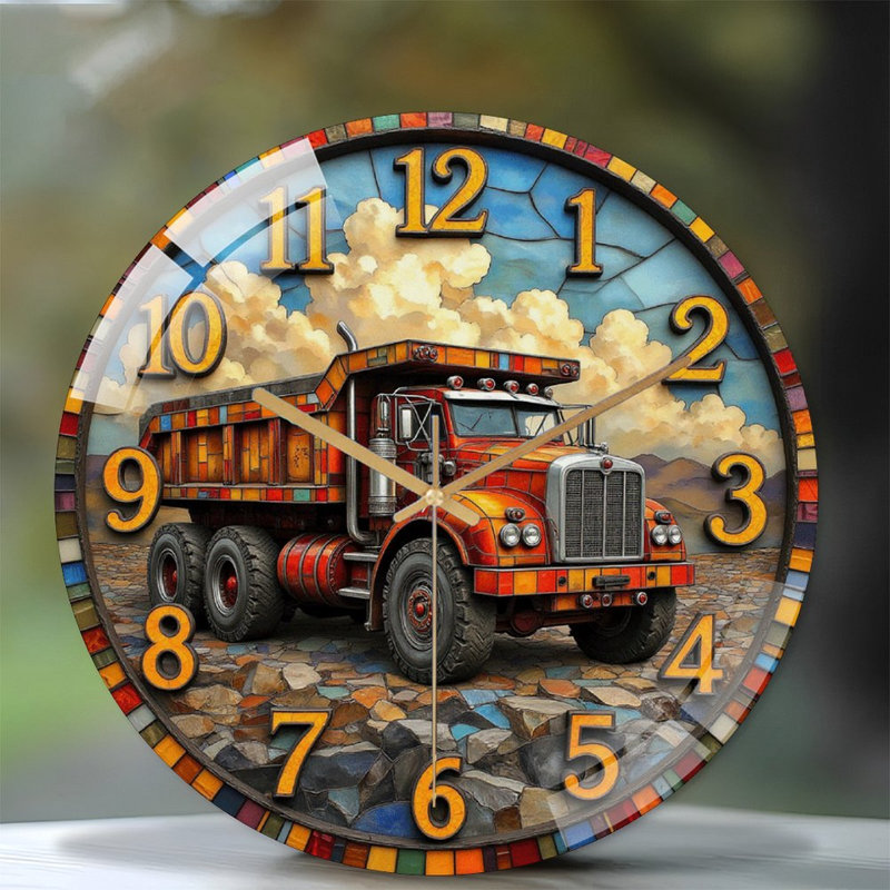Vintage Truck Wall Clock with Colorful Design And Numbers Art - 12'' Modern Glass Wall Clock