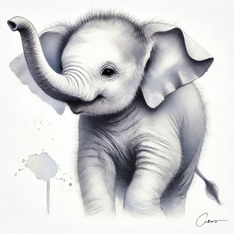 Joyeux bébé éléphant, aquarelle sur toile, H 12 po x l 12 po
