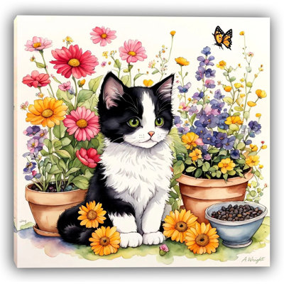 Floral kitten bliss - black & white kitten with garden flowers