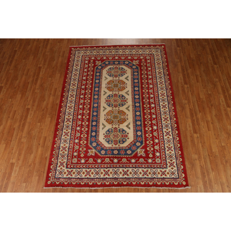 Tapis unique en laine noué à la main 6 pi 11 po x 9 pi 8 po nouvel âge en rouge / beige / bleu