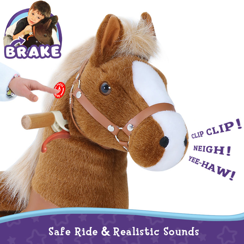 Large Brown Plush Ride-On Horse Toy with Brake for Kids