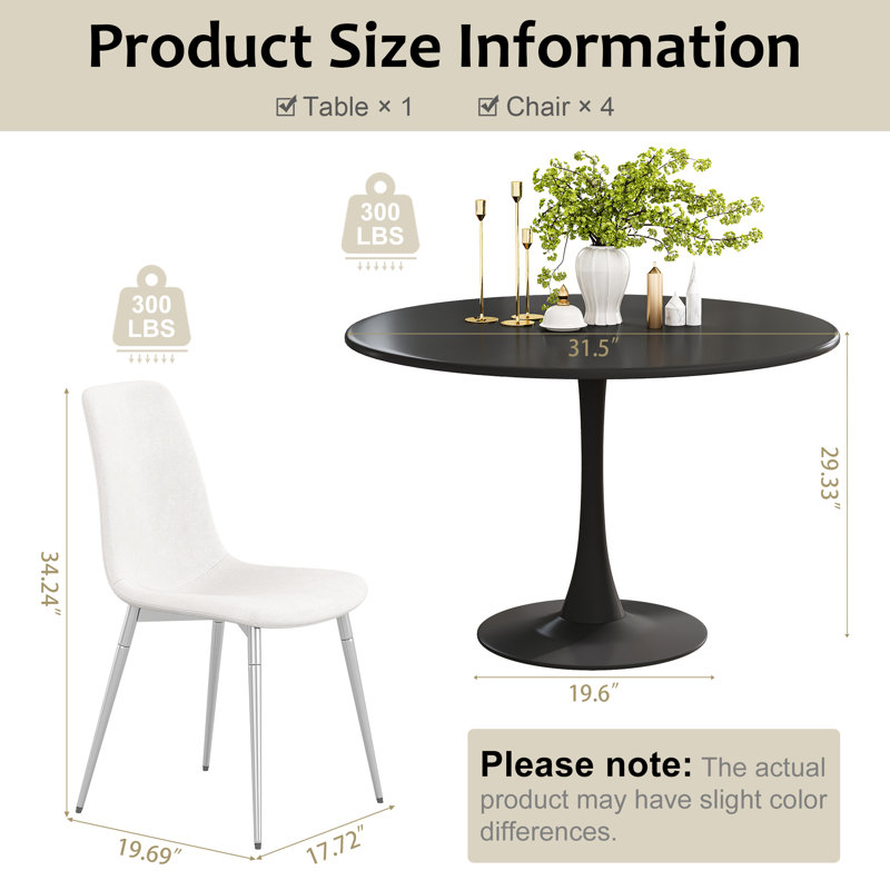 5-Piece Round Metal Pedestal Dining Table With 4 Dining Chairs, Black, Black/Silver