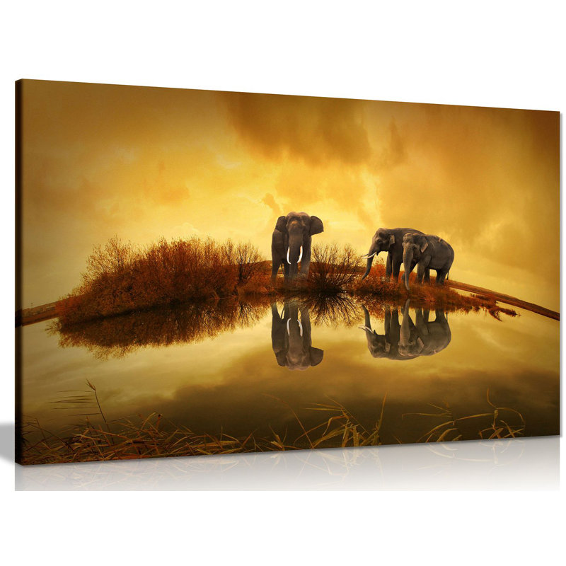 Thai Elephants At Sunset Canvas Wall Art Picture Print - Wrapped Canvas Print, 20cm H x 31cm W
