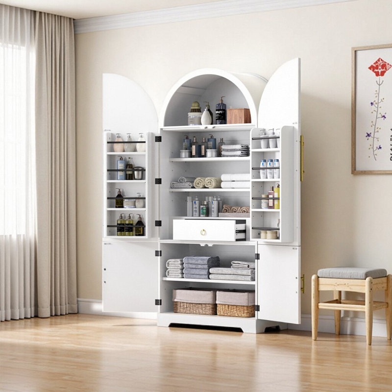 72" White Arched Fluted Pantry Cabinet with 8 Door Racks & Hidden Drawer - Farmhouse Storage for Kitchen, Dining & Bathroom