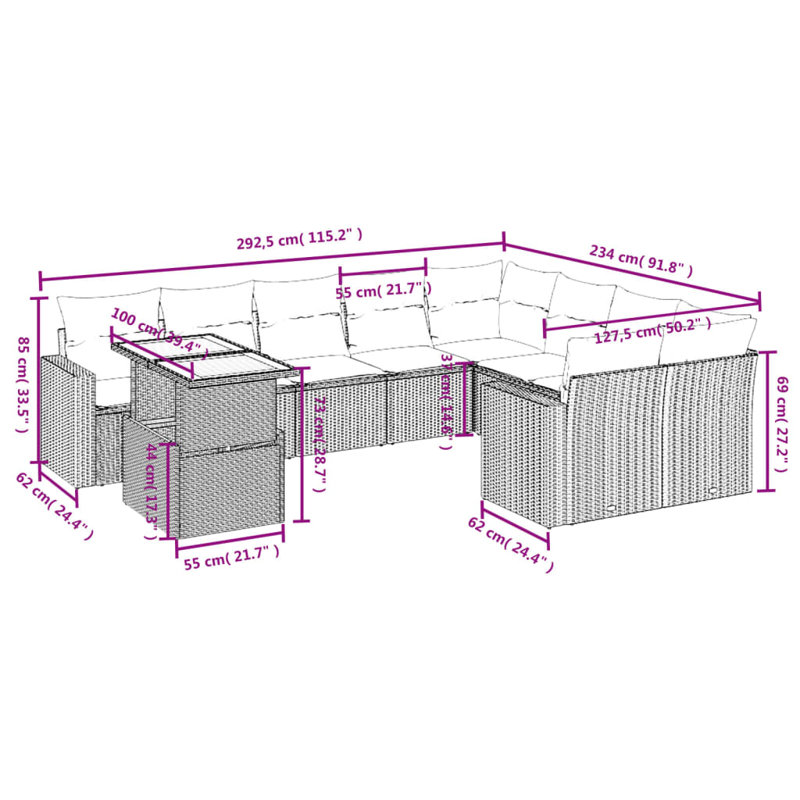  Ensemble de canapé de patio 10 pièces avec coussins en rotin de polyester, Gris, Bleu