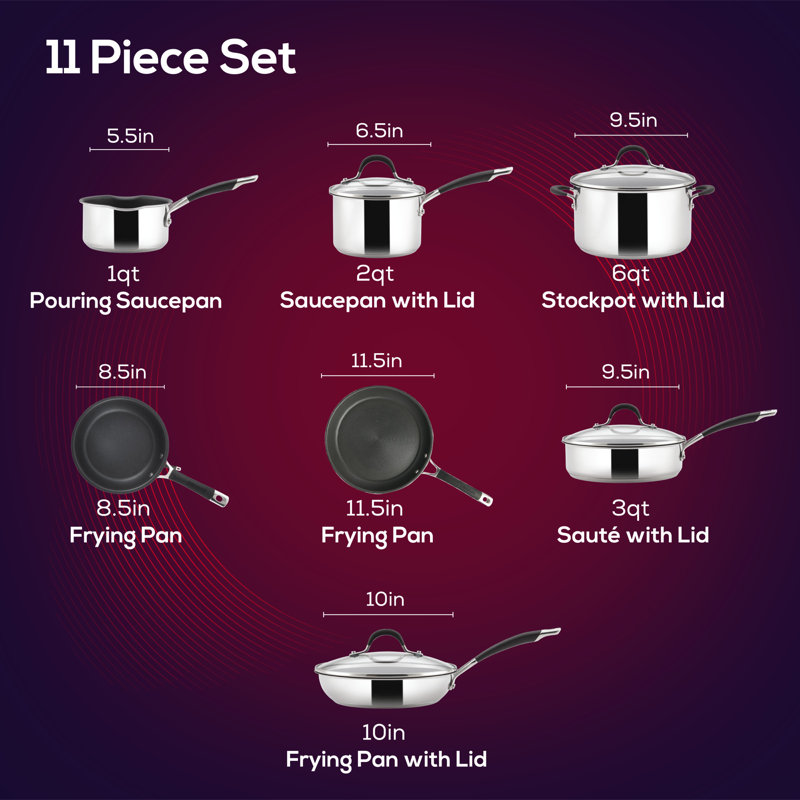 Ensemble de batterie de cuisine antiadhésif en aluminium 11 pièces Circulon Momentum, Argent