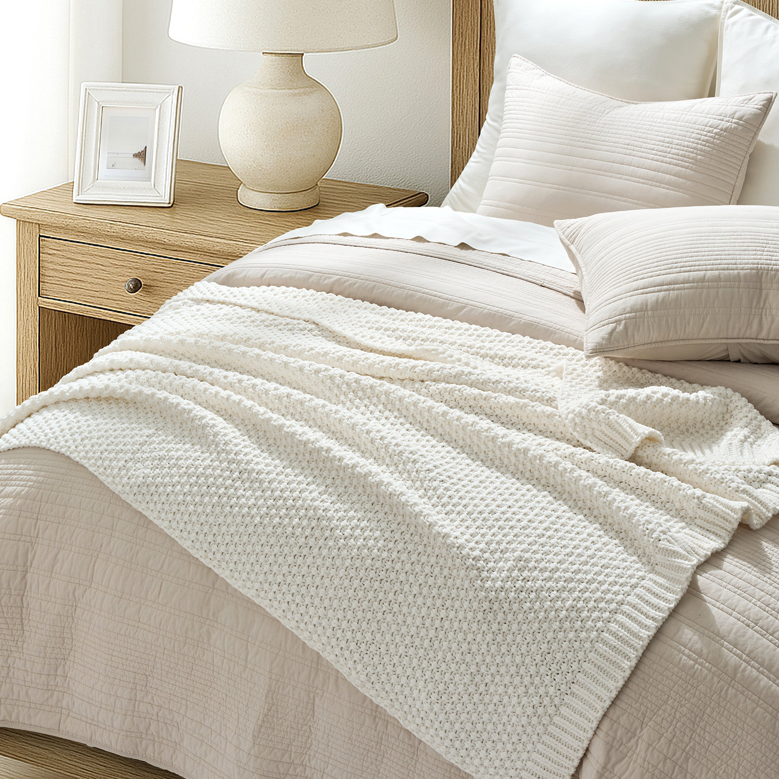 Chunky Chenille Knit Throw Blanket, Ivory White, 90" L x 90" W
