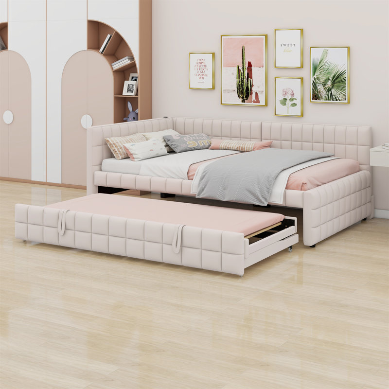 L-Shaped Upholstered Daybed With Pop Up Trundle And USB Ports, Beige