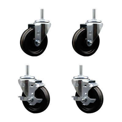 4 Inch_Phenolic Wheel Swivel 5/8 Inch Threaded Stem Caster Set 2 Brakes SCC