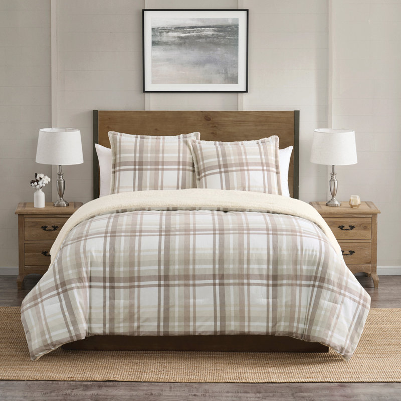 Ensemble d'édredon en flanelle de coton brossé et sherpa 3 pièces Plaid, Taupe