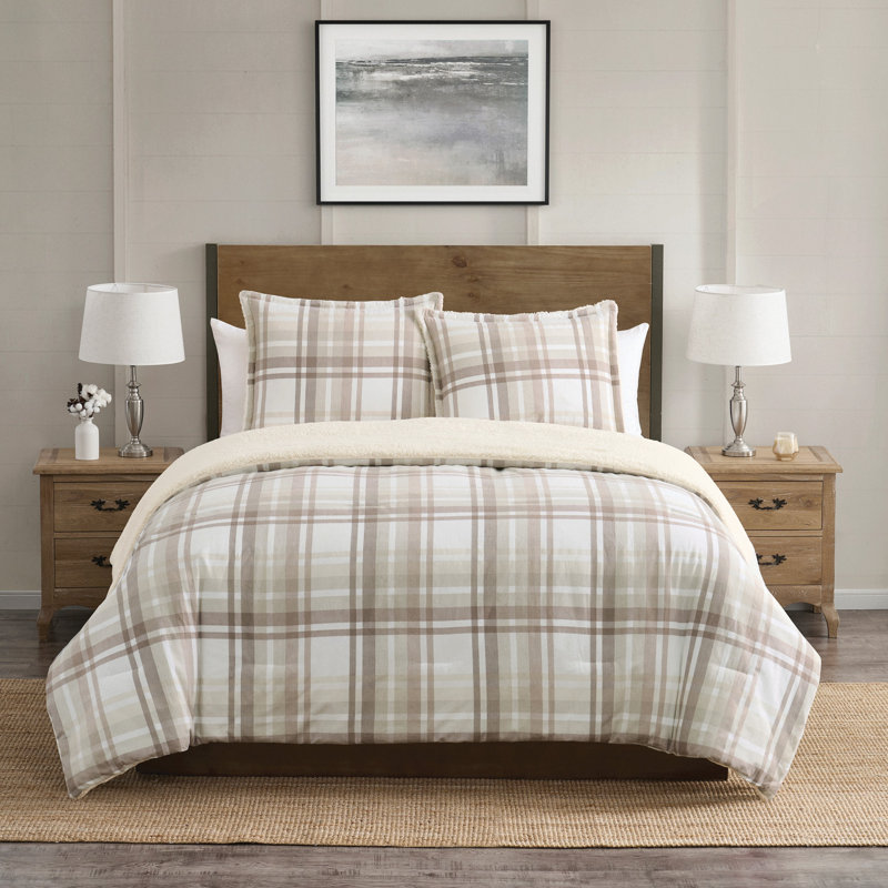 VCNY Home Plaid 3-Piece Brushed Cotton Flannel and Sherpa Comforter Set, Taupe