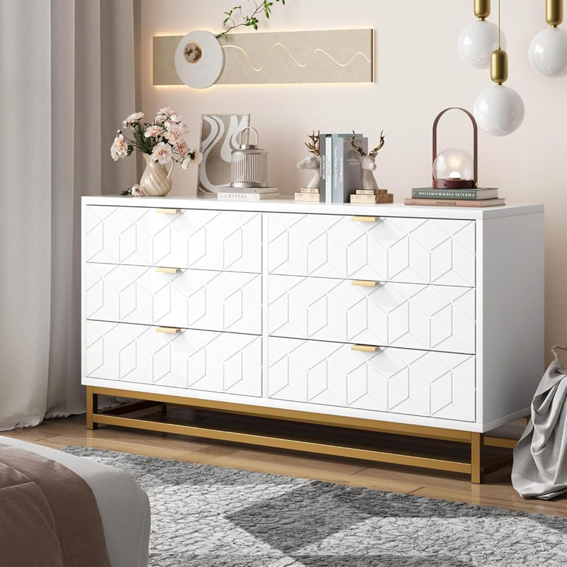 Commode blanche à 6 tiroirs de 53,5 pouces avec poignées et pieds en métal doré, organisateur de commode moderne pour chambre à coucher, placard ou couloir