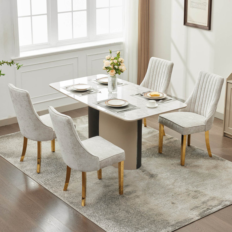 Chaise de salle à manger rembourrée haut de gamme à dossier haut avec pieds en bois massif (lot de 2), Chenille, Beige, Steel