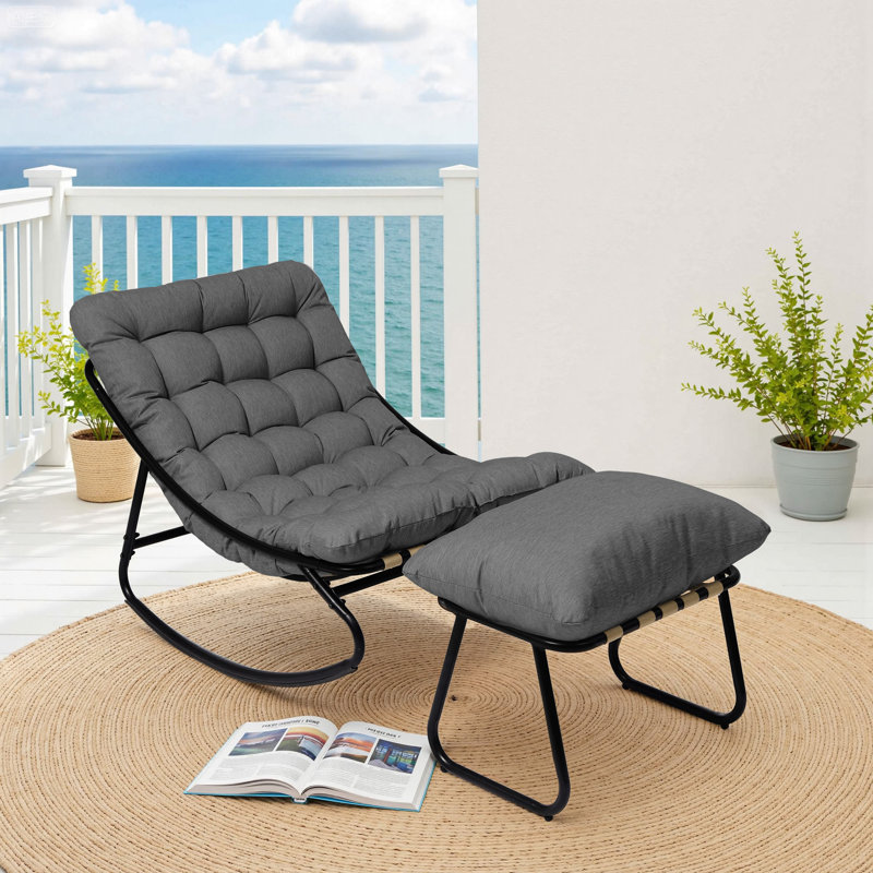 Patio Outdoor Lounge Chair Rocking Chair With Ottoman, GRAY