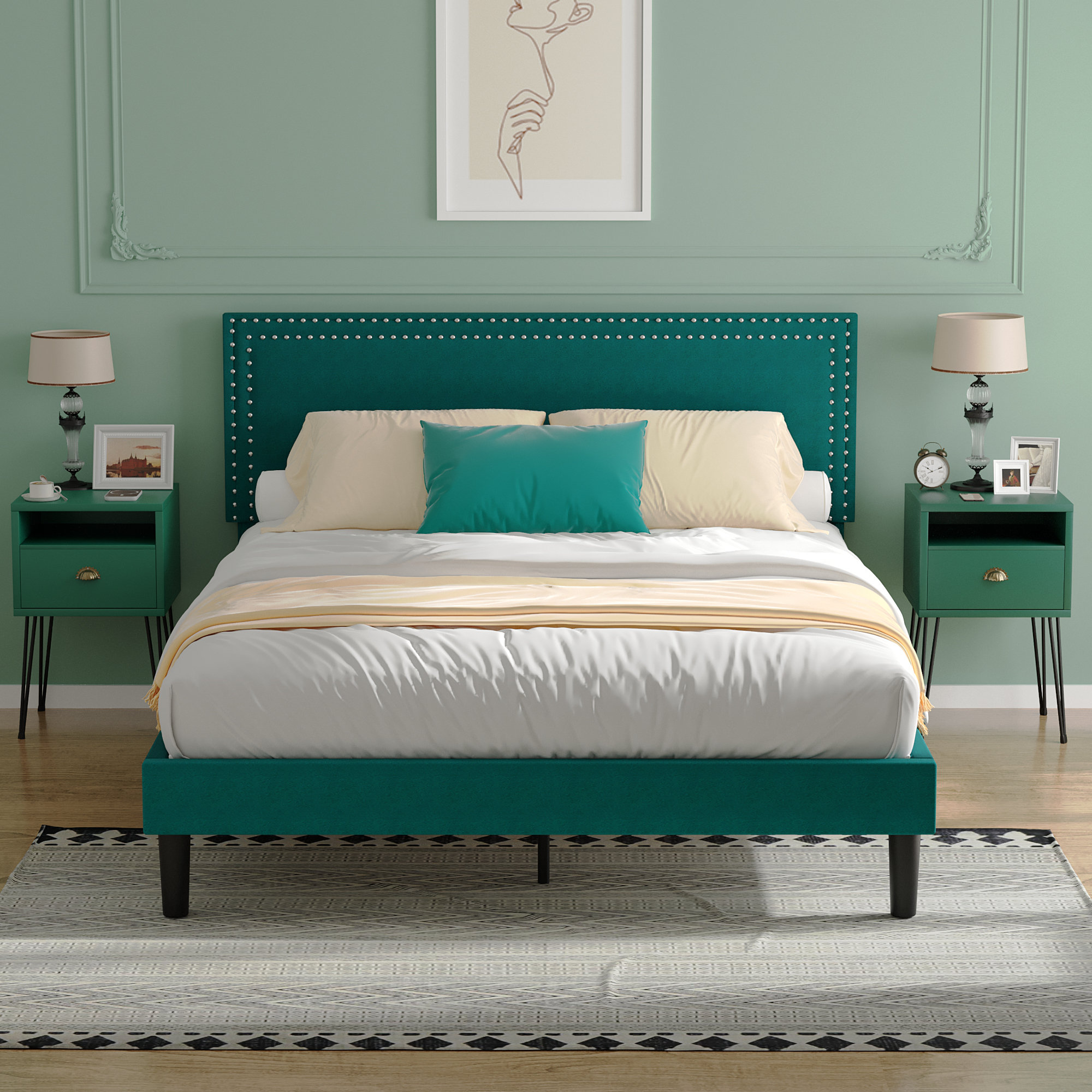 Oliver 3 Piece Bedroom Set Green Upholstered Bed and Nightstand