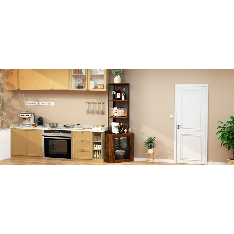 Corner Shelf With Doors, 65" Corner Cabinet With Shelves & Wine Glass Rack, 6 Tier Bookshelf Display Corner Shelves, Freestanding Corner Storage Stand For Kitchen, Living Room, Balcony