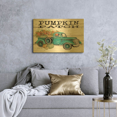 « Camion de cueillette de citrouilles » de Cindy Jacobs, décoration murale en métal doré, 91,4 cm x 61 cm