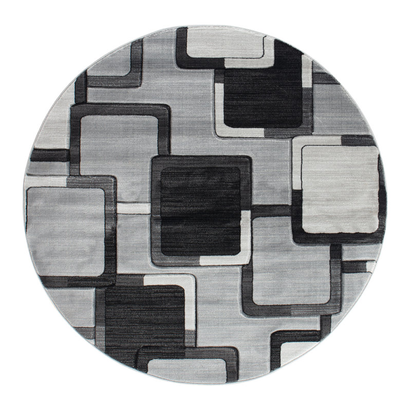 Tapis gris / noir à motif géométrique Adonia, Rond 5 pi 2 po