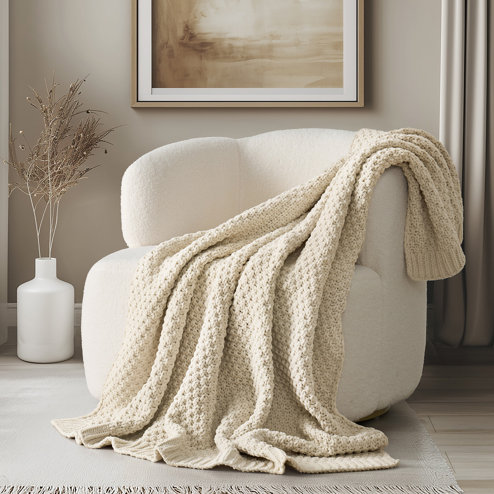 Chunky Chenille Weighted Throw Blanket, 80" L x 60" W, Beige