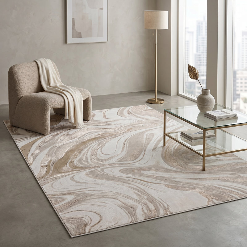 Tapis ivoire / doré à motif abstrait en marbre Luxe Collection, 5 pi 2 po x 7 pi 4 po