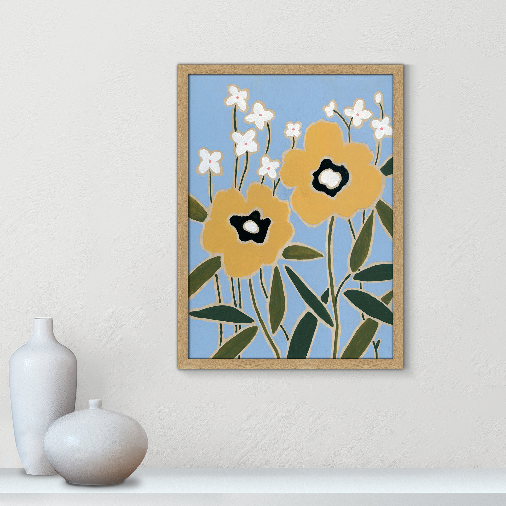 Woodblock Floral II by - Single Picture Frame Print, 23" H x 17" W x 1.25" D, Natural Framed