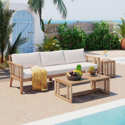Ensemble de conversation en teck 3 pièces avec coussins, ensemble de conversation pour patio, bois d'acacia, détails tissés en corde, bord de mer moderne